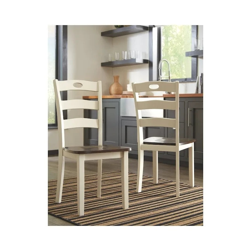 Ivory and Brown Ladder Back Dining Chair with Upholstered Seat, Set of 2