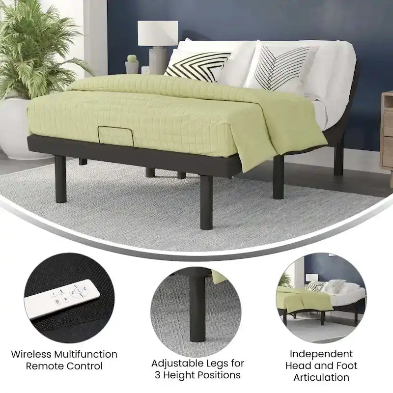 Upholstered Adjustable Bed Base with Wireless Remote and Anti-Skid Fabric