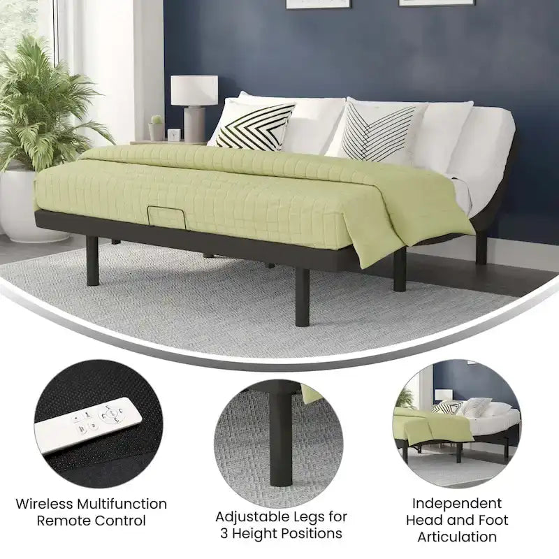 Upholstered Adjustable Bed Base with Wireless Remote and Anti-Skid Fabric
