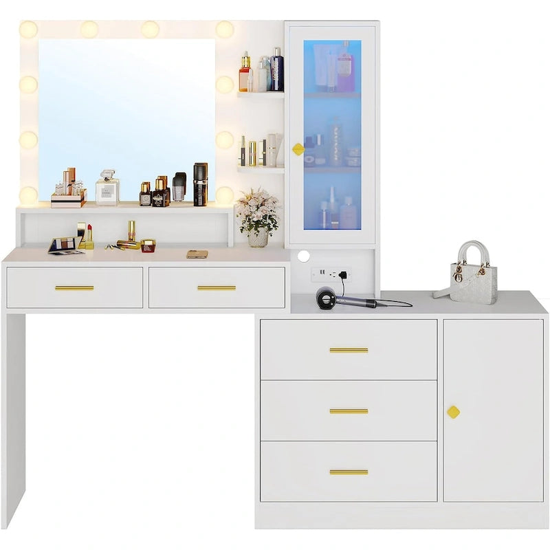 Makeup Vanity Desk Light Bulbs & RGB Cabinets Drawers Storage Shelves