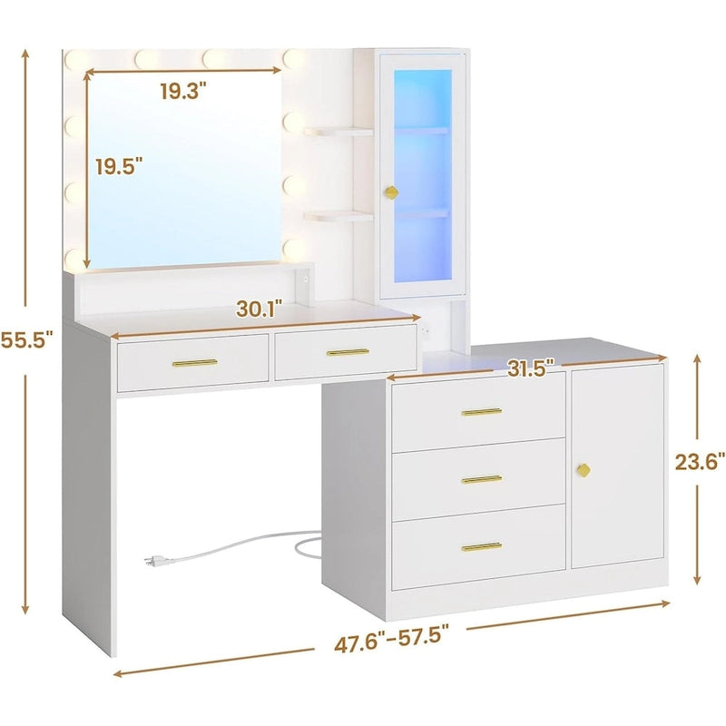 Makeup Vanity Desk Light Bulbs & RGB Cabinets Drawers Storage Shelves