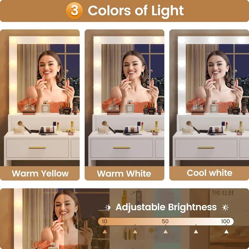 Makeup Vanity Desk Light Bulbs & RGB Cabinets Drawers Storage Shelves