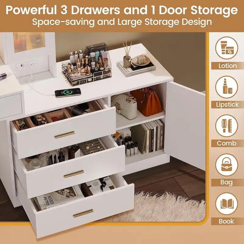 Makeup Vanity Desk Light Bulbs & RGB Cabinets Drawers Storage Shelves