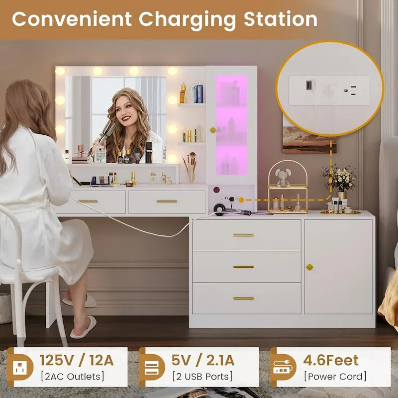Makeup Vanity Desk Light Bulbs & RGB Cabinets Drawers Storage Shelves