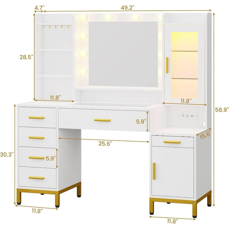 Makeup Vanity Desk Light Bulbs & RGB Cabinets Drawers Storage Shelves
