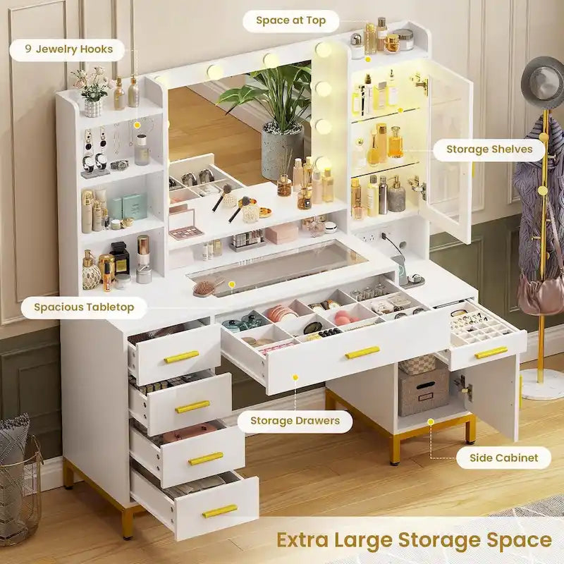 Makeup Vanity Desk Light Bulbs & RGB Cabinets Drawers Storage Shelves