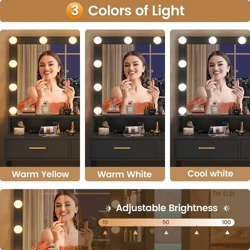 Makeup Vanity Desk Light Bulbs & RGB Cabinets Drawers Storage Shelves