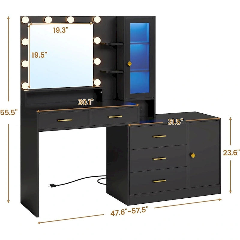 Makeup Vanity Desk Light Bulbs & RGB Cabinets Drawers Storage Shelves