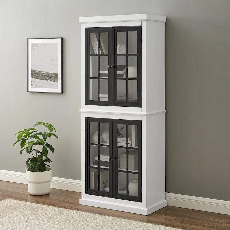 Tall Storage Pantry Cabinet with Glass Doors and Adjustable Shelves, White