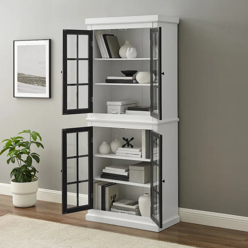 Tall Storage Pantry Cabinet with Glass Doors and Adjustable Shelves, White