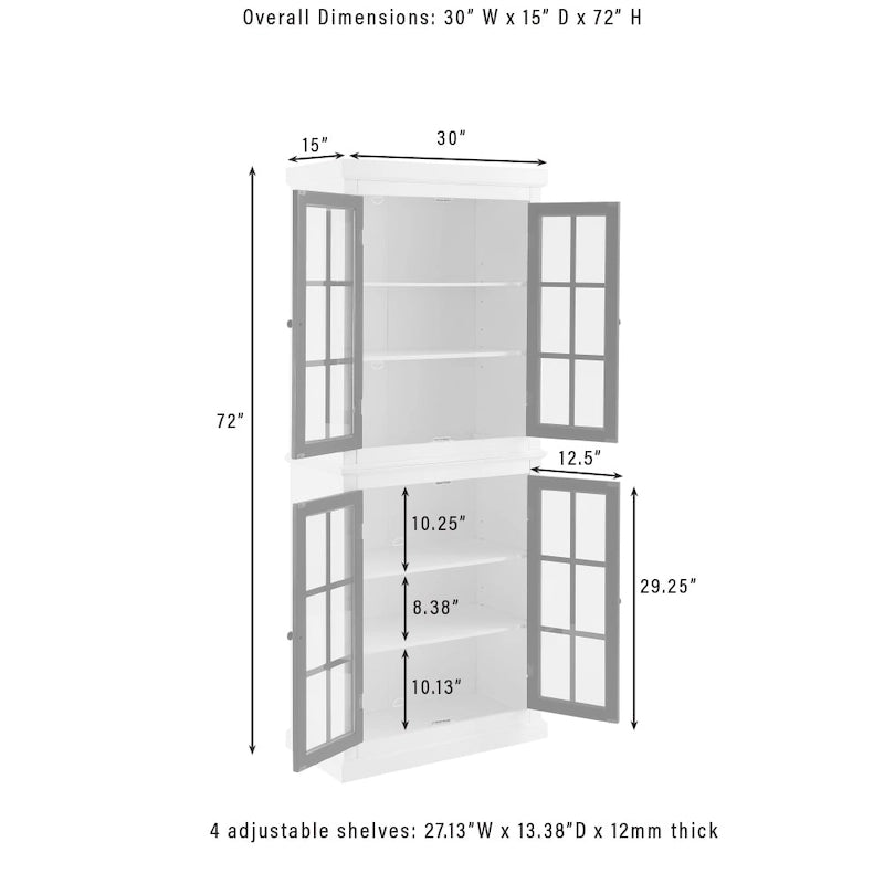 Tall Storage Pantry Cabinet with Glass Doors and Adjustable Shelves, White
