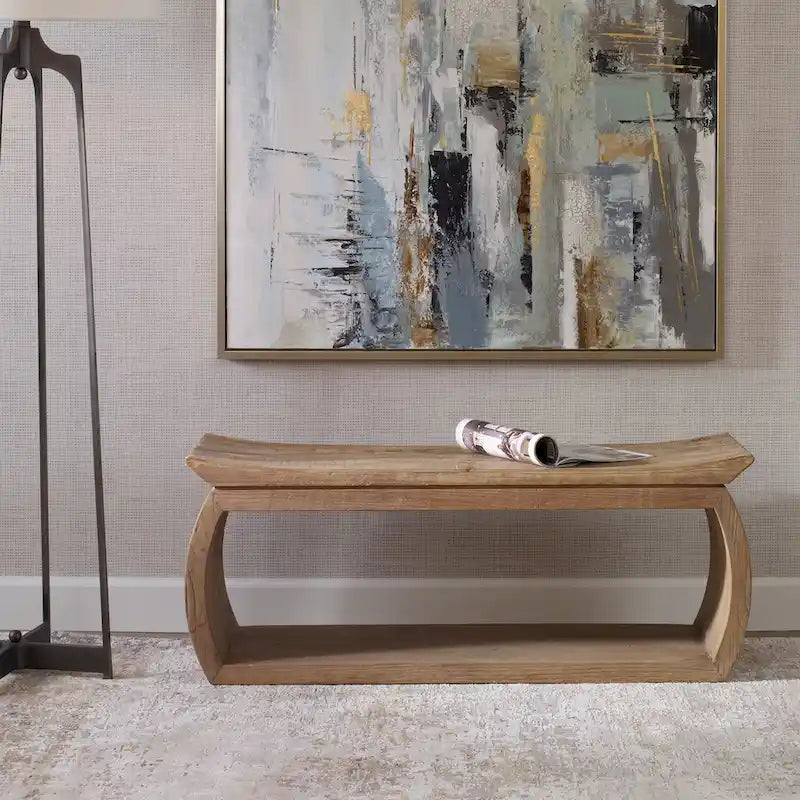 Reclaimed Elm Wood Bench with Scooped Seat, 42W x 17H x 14D Inches
