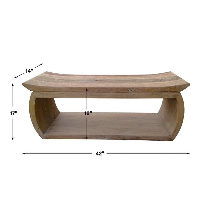 Reclaimed Elm Wood Bench with Scooped Seat, 42W x 17H x 14D Inches