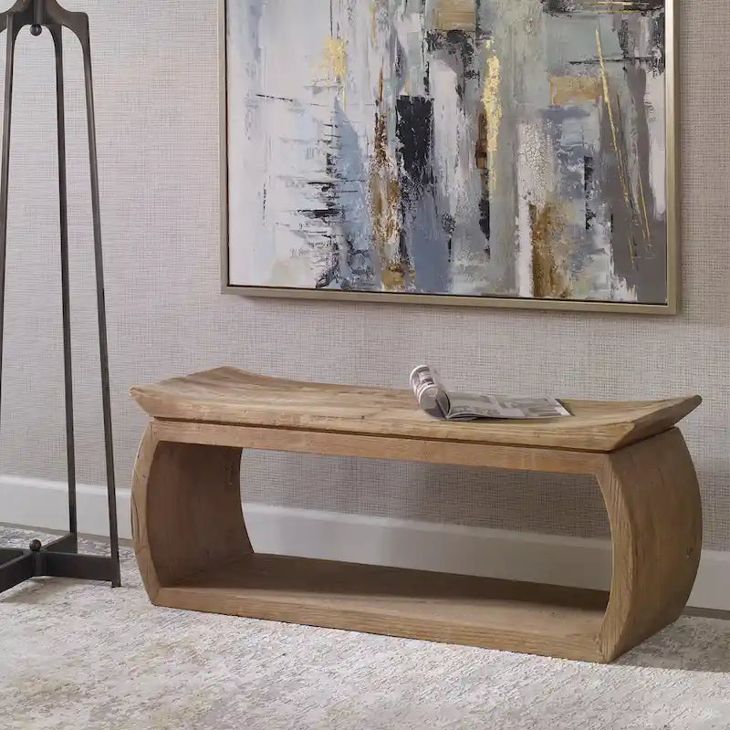 Reclaimed Elm Wood Bench with Scooped Seat, 42W x 17H x 14D Inches