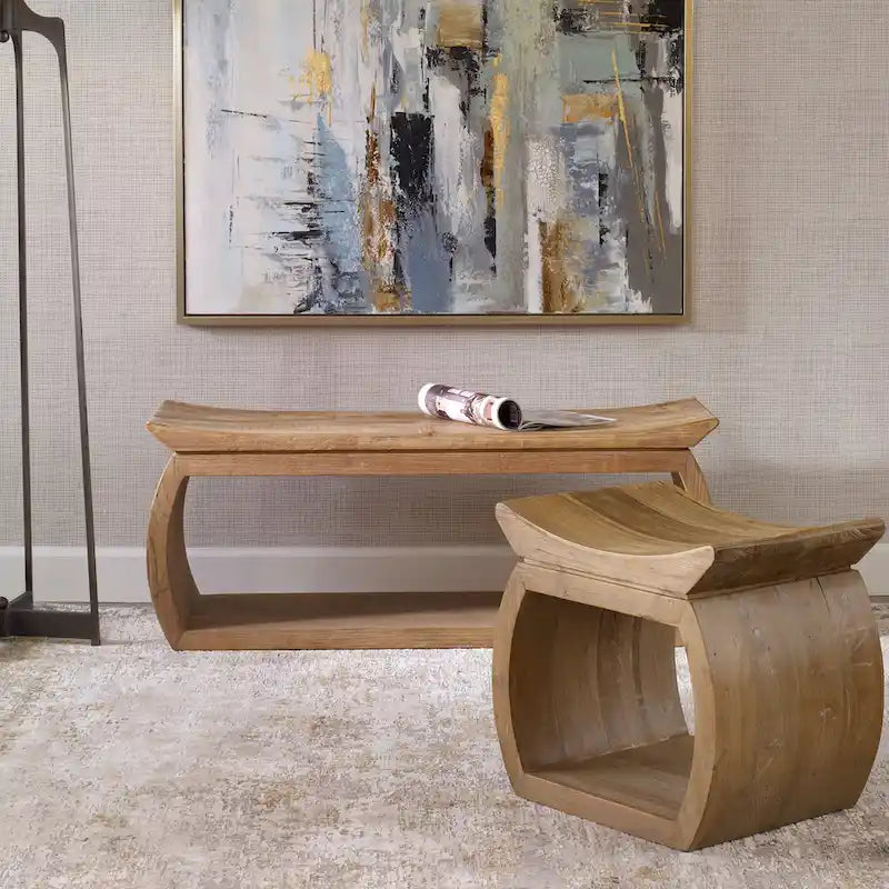 Reclaimed Elm Wood Bench with Scooped Seat, 42W x 17H x 14D Inches