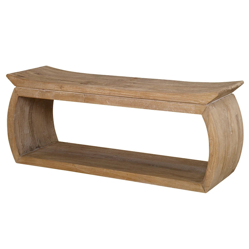 Reclaimed Elm Wood Bench with Scooped Seat, 42W x 17H x 14D Inches