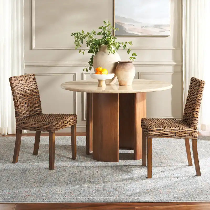 Natural Wicker and Mango Wood Dining Side Chair, Set of 2