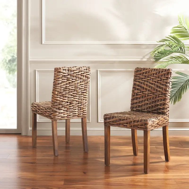 Natural Wicker and Mango Wood Dining Side Chair, Set of 2