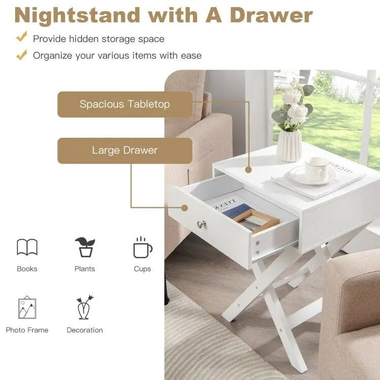 X-Shape Side Table Nightstand with Drawer