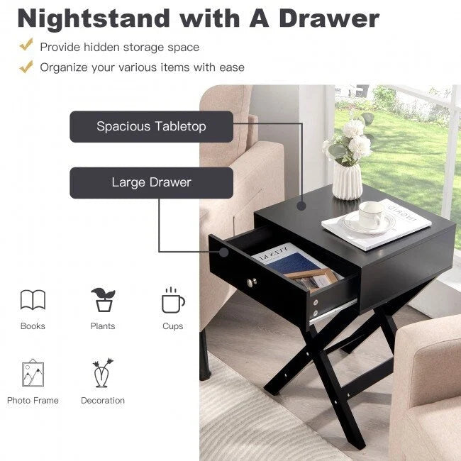 X-Shape Side Table Nightstand with Drawer