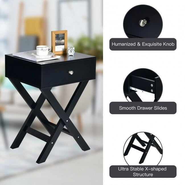 X-Shape Side Table Nightstand with Drawer