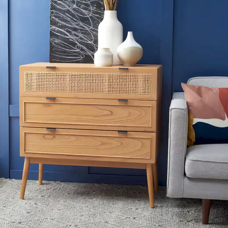 Mid-Century 3-Drawer Chest with Rattan Drawer Accent and Splayed Legs