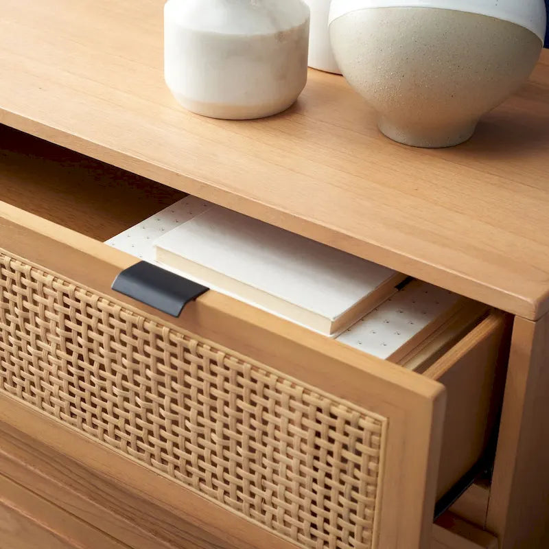 Mid-Century 3-Drawer Chest with Rattan Drawer Accent and Splayed Legs