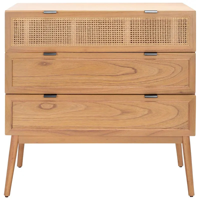 Mid-Century 3-Drawer Chest with Rattan Drawer Accent and Splayed Legs