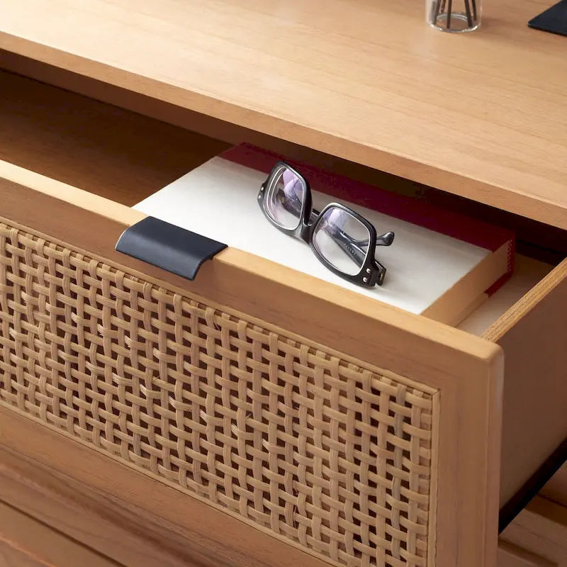 Mid-Century 3-Drawer Chest with Rattan Drawer Accent and Splayed Legs