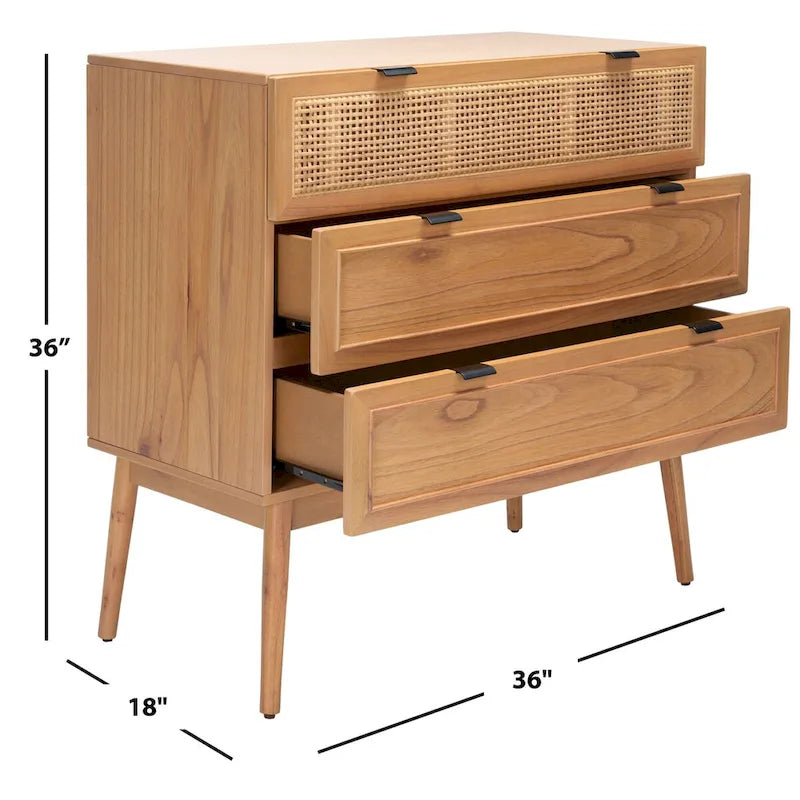 Mid-Century 3-Drawer Chest with Rattan Drawer Accent and Splayed Legs