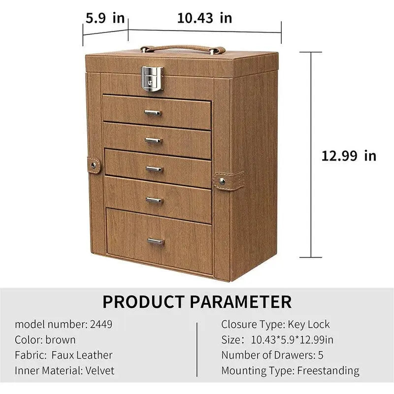 5-Layer Faux Leather Jewelry Box with Mirror and 4 Pull-Out Drawers