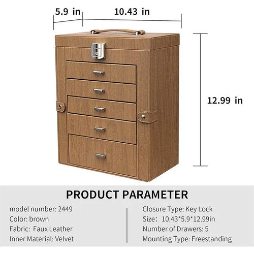 5-Layer Faux Leather Jewelry Box with Mirror and 4 Pull-Out Drawers