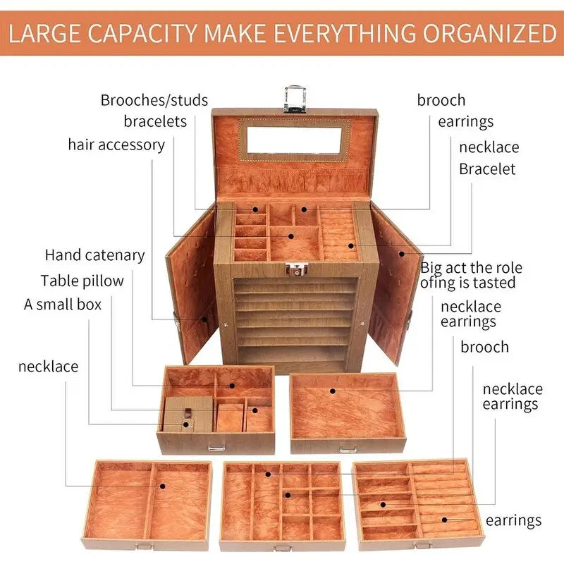 5-Layer Faux Leather Jewelry Box with Mirror and 4 Pull-Out Drawers