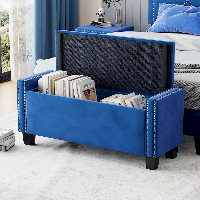 Velvet Storage Ottoman Bench with Rivet Design and Tufted Top