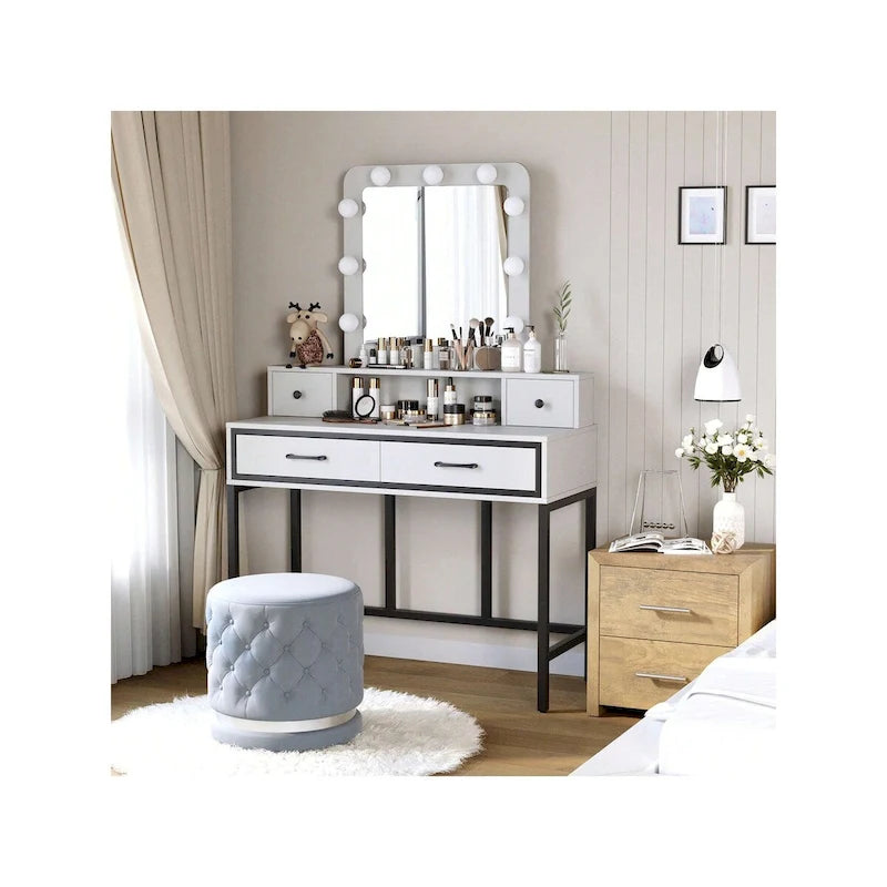 Makeup Vanity Table with LED Mirror, 3-Color Dimmable Light and 4 Drawers