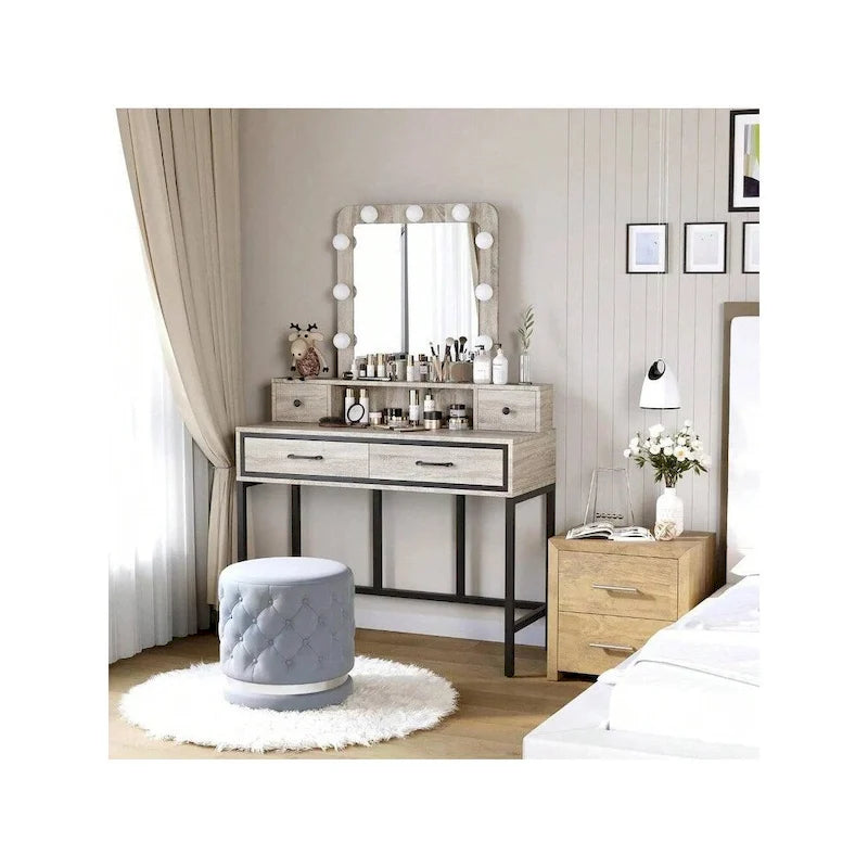 Makeup Vanity Table with LED Mirror, 3-Color Dimmable Light and 4 Drawers