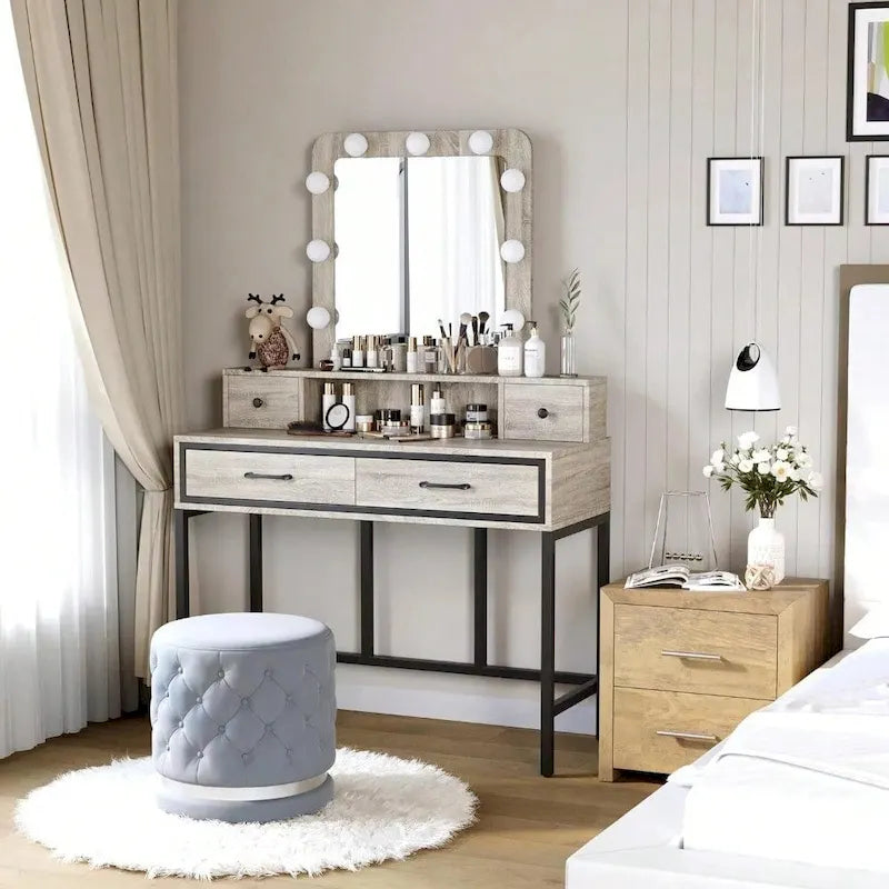 Makeup Vanity Table with LED Mirror, 3-Color Dimmable Light and 4 Drawers