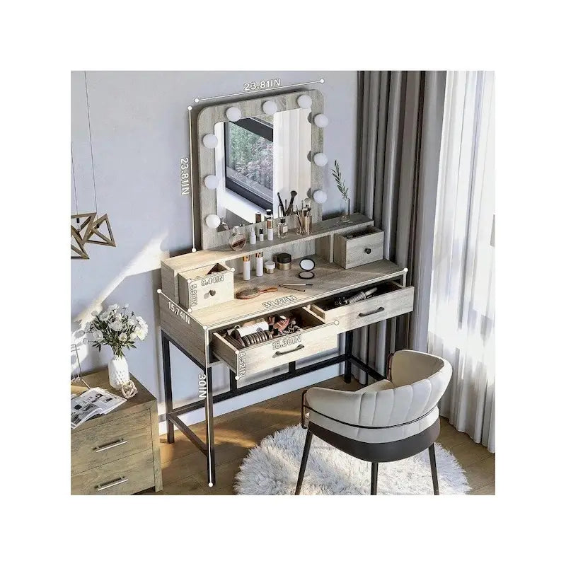 Makeup Vanity Table with LED Mirror, 3-Color Dimmable Light and 4 Drawers