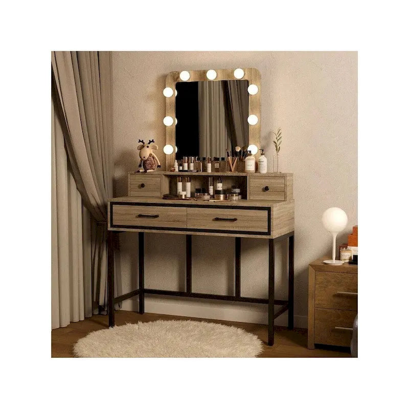 Makeup Vanity Table with LED Mirror, 3-Color Dimmable Light and 4 Drawers