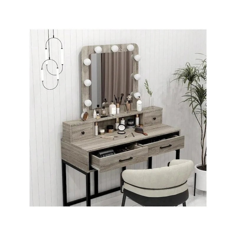 Makeup Vanity Table with LED Mirror, 3-Color Dimmable Light and 4 Drawers