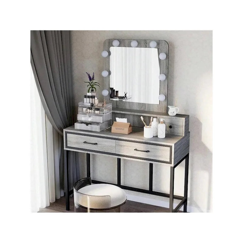 Makeup Vanity Table with LED Mirror, 3-Color Dimmable Light and 4 Drawers