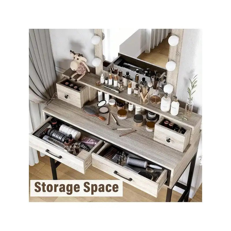 Makeup Vanity Table with LED Mirror, 3-Color Dimmable Light and 4 Drawers