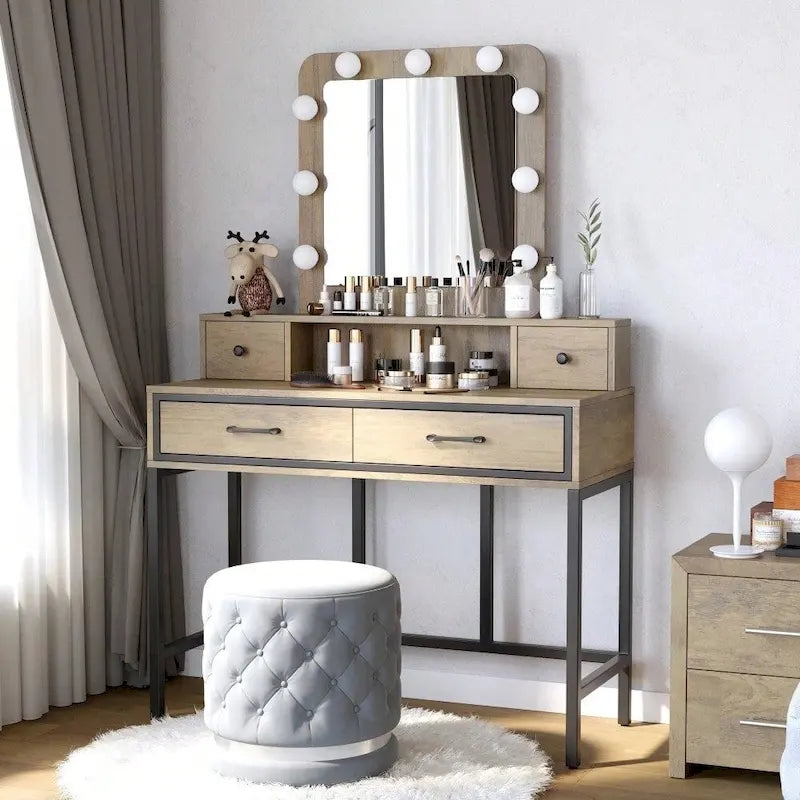 Makeup Vanity Table with LED Mirror, 3-Color Dimmable Light and 4 Drawers