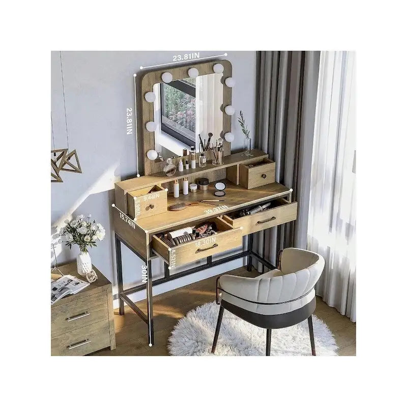 Makeup Vanity Table with LED Mirror, 3-Color Dimmable Light and 4 Drawers