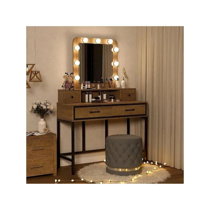 Makeup Vanity Table with LED Mirror, 3-Color Dimmable Light and 4 Drawers