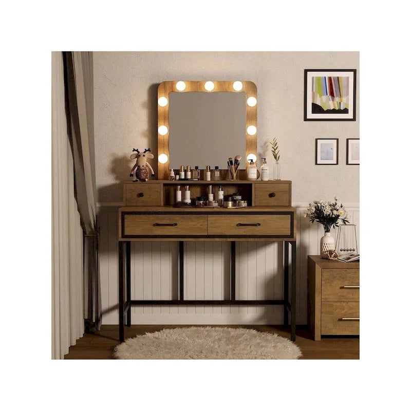 Makeup Vanity Table with LED Mirror, 3-Color Dimmable Light and 4 Drawers