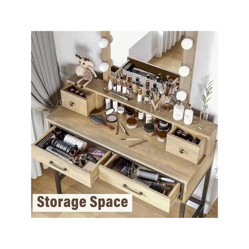 Makeup Vanity Table with LED Mirror, 3-Color Dimmable Light and 4 Drawers