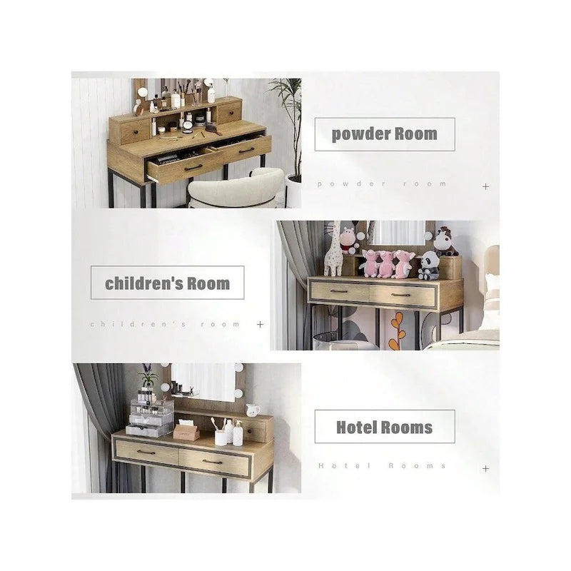 Makeup Vanity Table with LED Mirror, 3-Color Dimmable Light and 4 Drawers