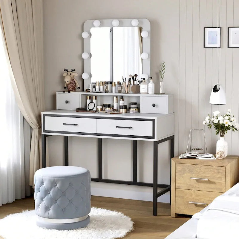 Makeup Vanity Table with LED Mirror, 3-Color Dimmable Light and 4 Drawers