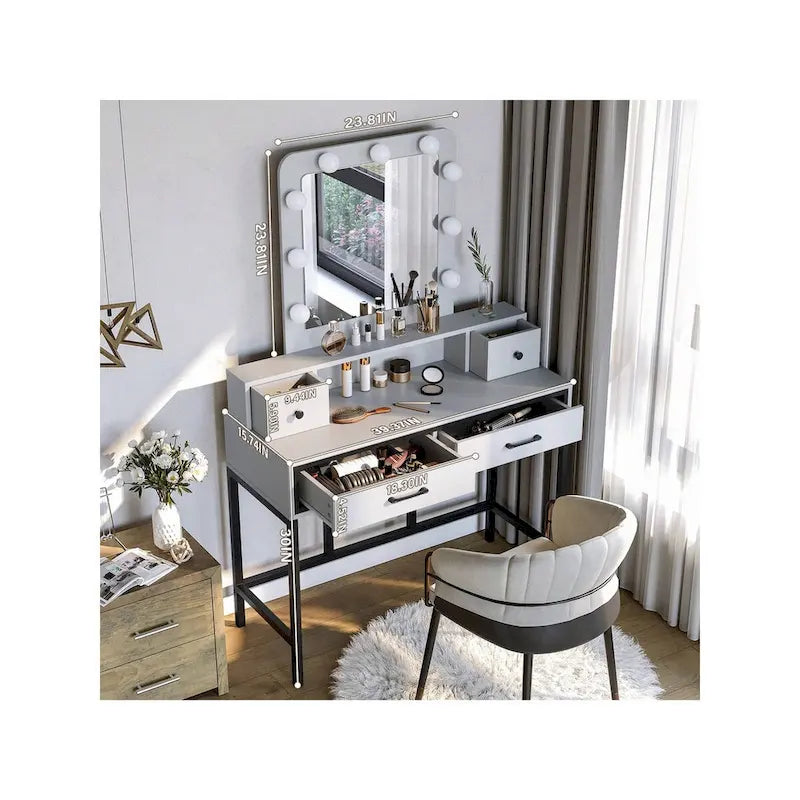Makeup Vanity Table with LED Mirror, 3-Color Dimmable Light and 4 Drawers